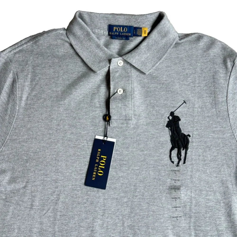 NWT POLO RALPH LAUREN Mens Big Pony Classic Fit Mesh Polo Shirt Grey L Preppy